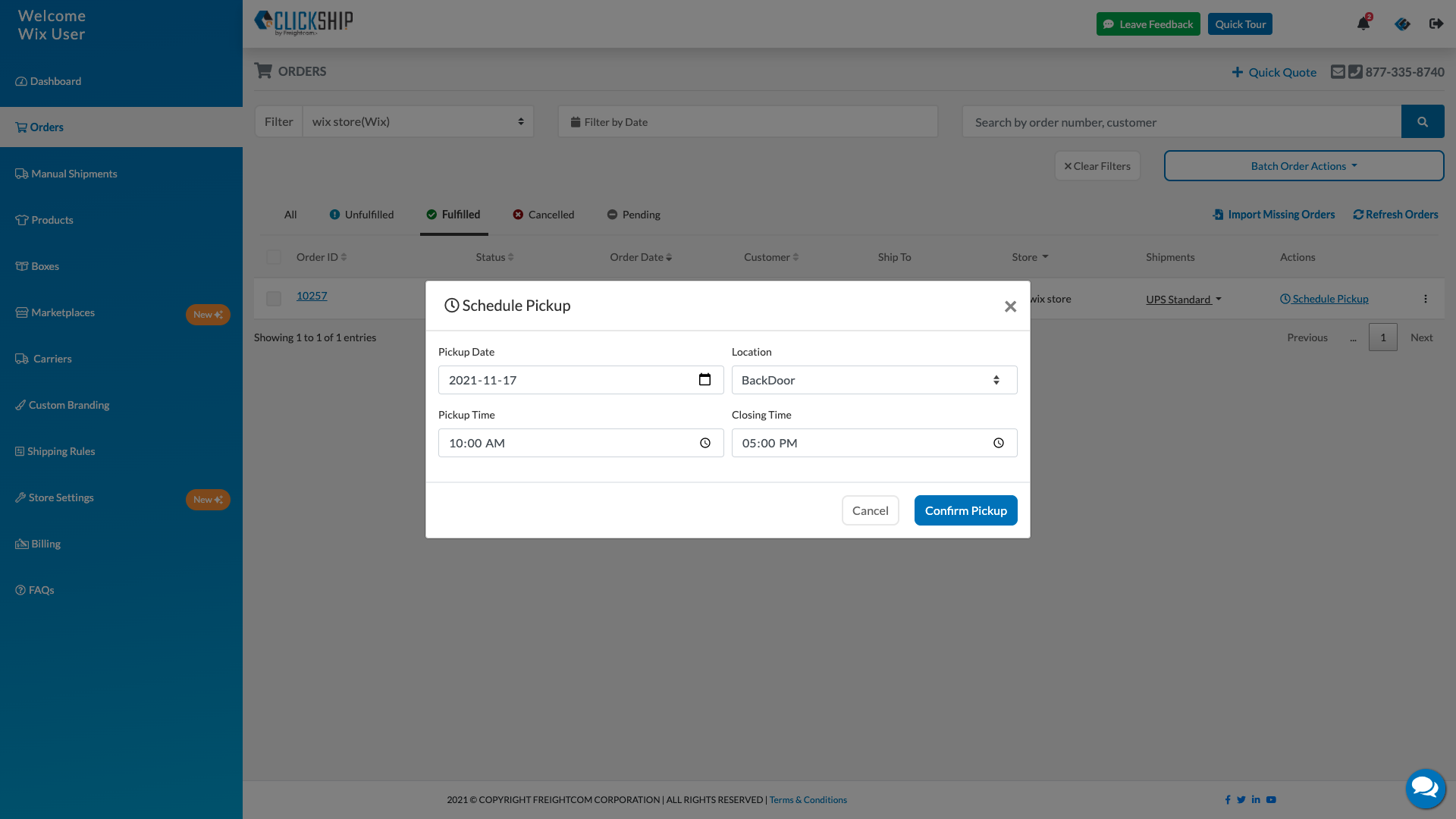 ClickShip Schedule Pickup