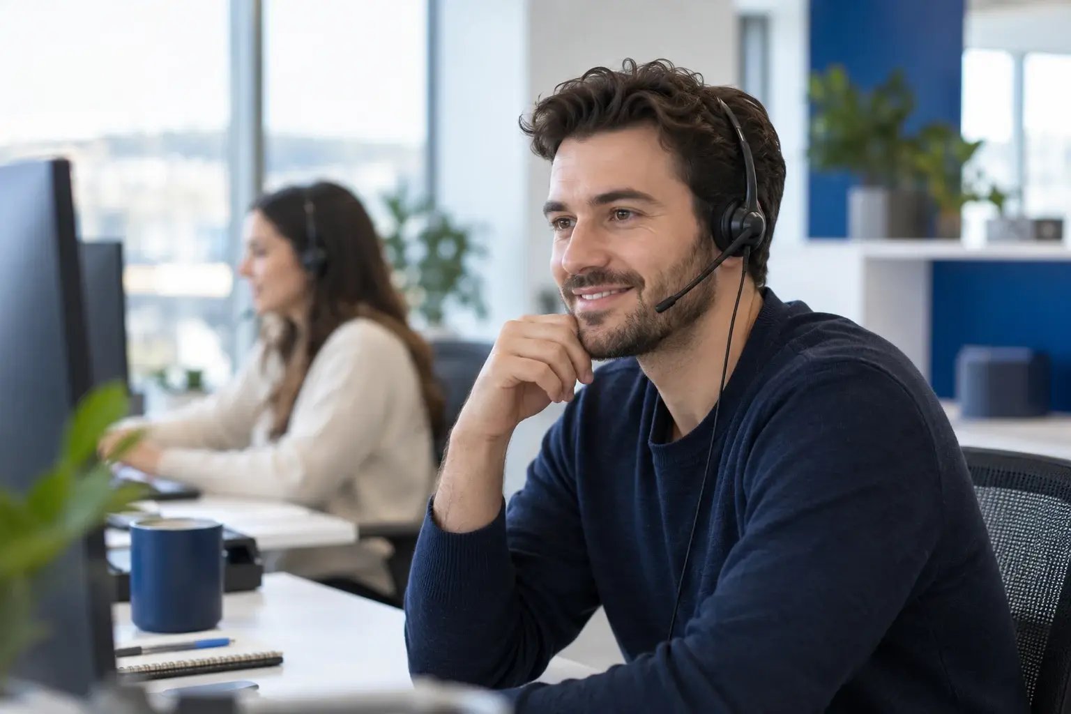 Un spécialiste du soutien à l’écoute à son bureau