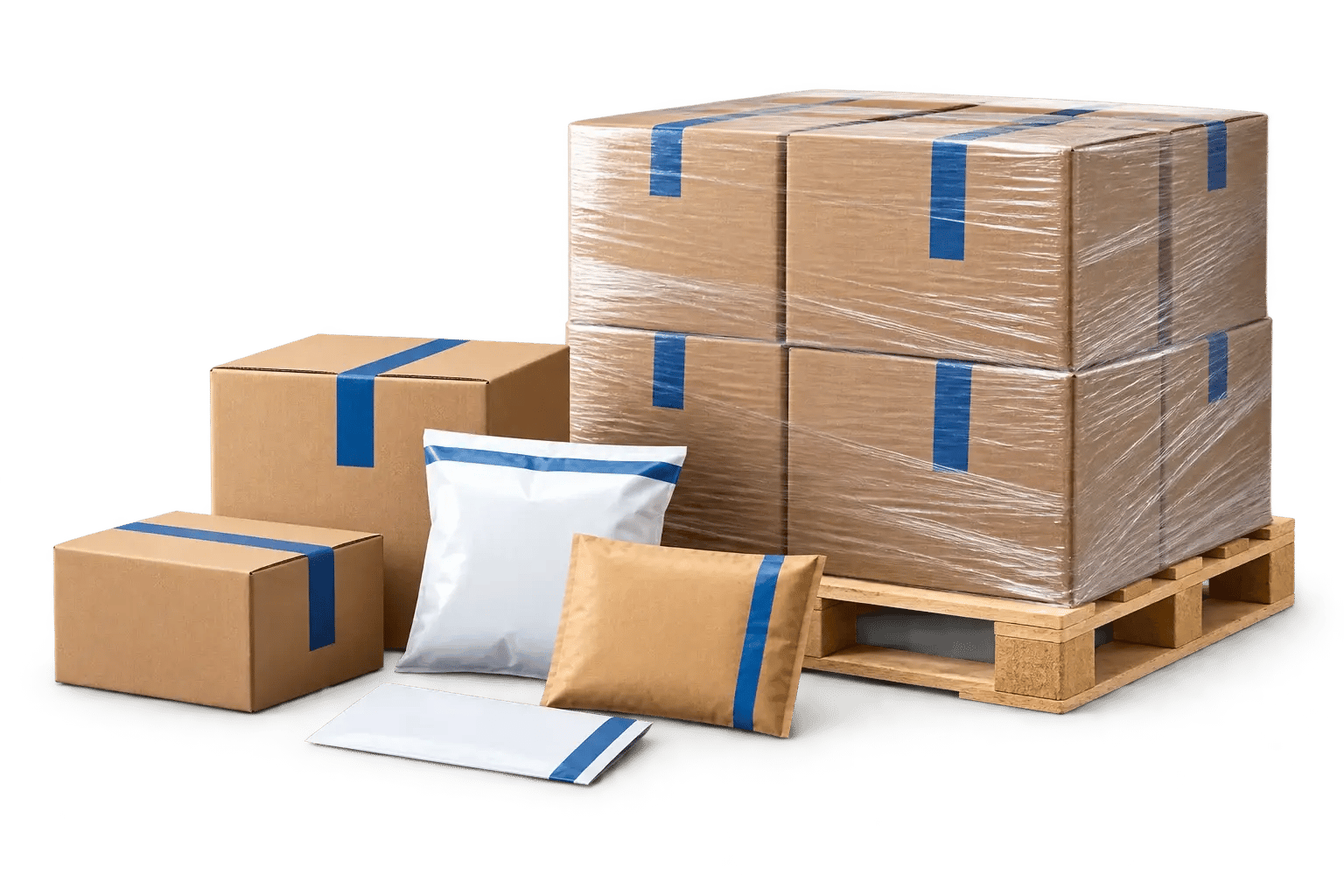 A pallet, parcel boxes, courier paks and envelopes ready to ship