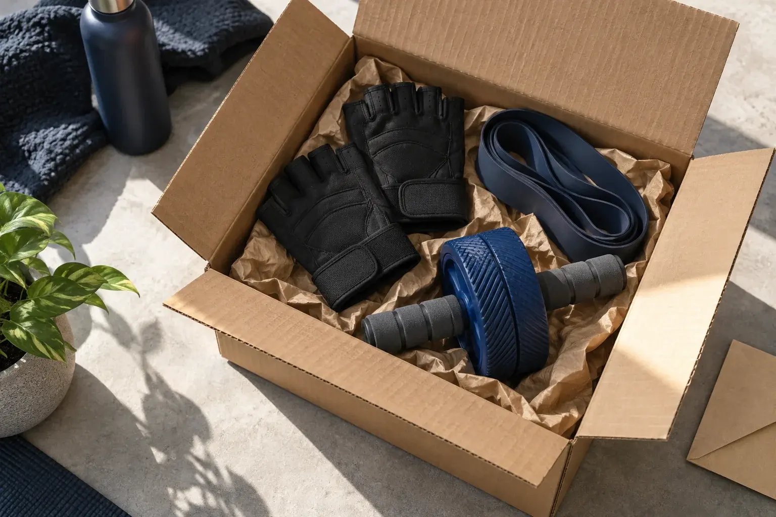 Accessoires de fitness disposés dans un carton protecteur.