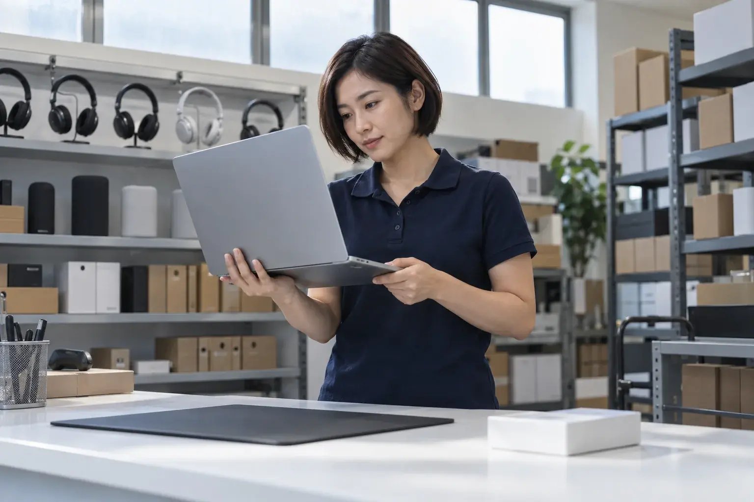 Spécialiste de l’électronique vérifiant un ordinateur portable au comptoir.