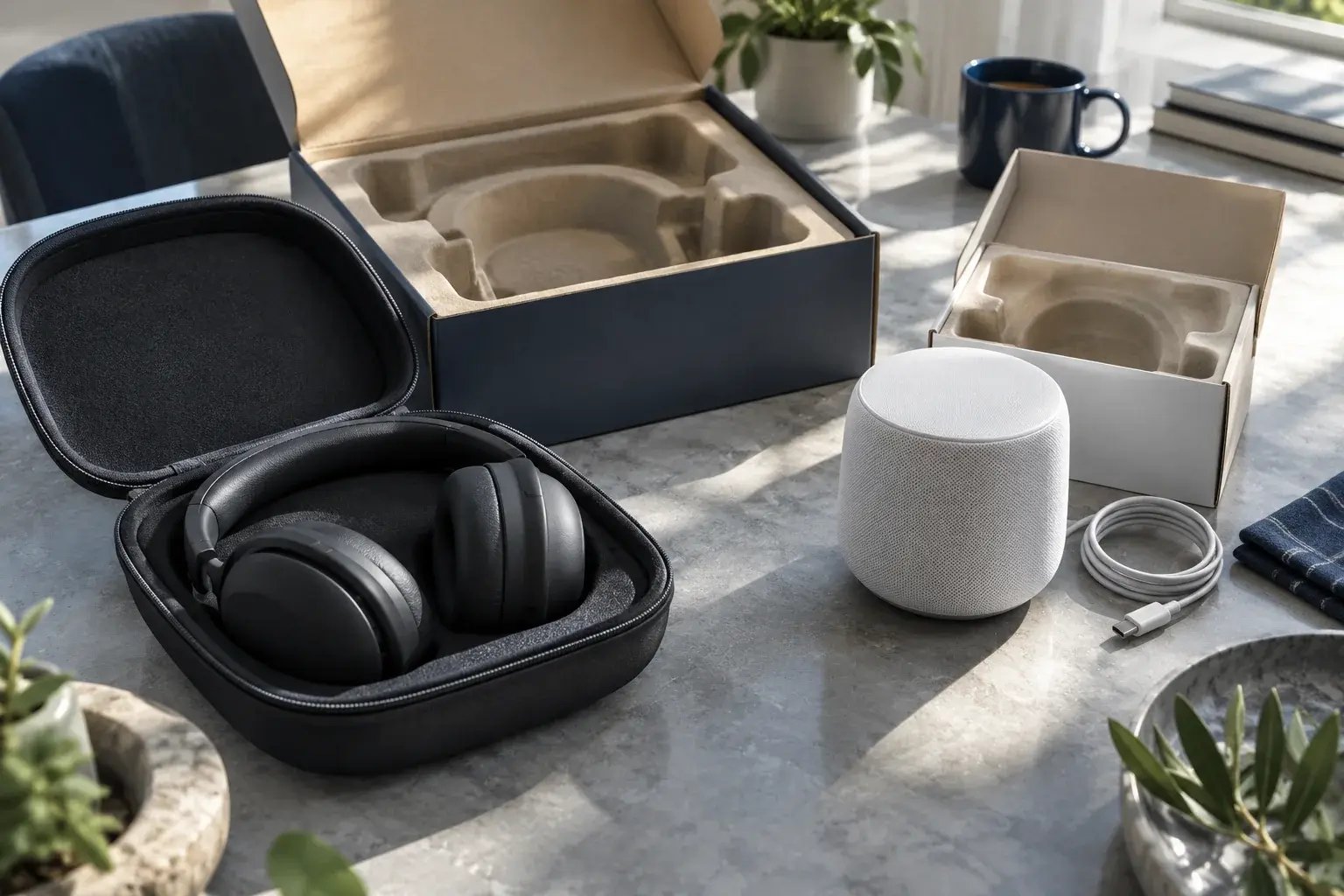 Casque audio et enceinte compacte préparés pour une expédition protégée.