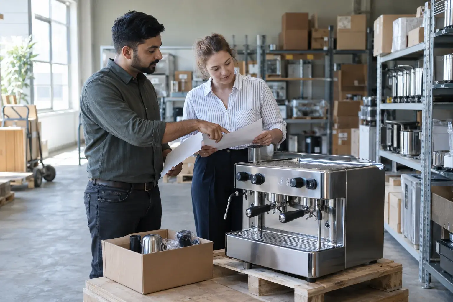 Kitchen-equipment colleagues compare shipping options for large and small products.