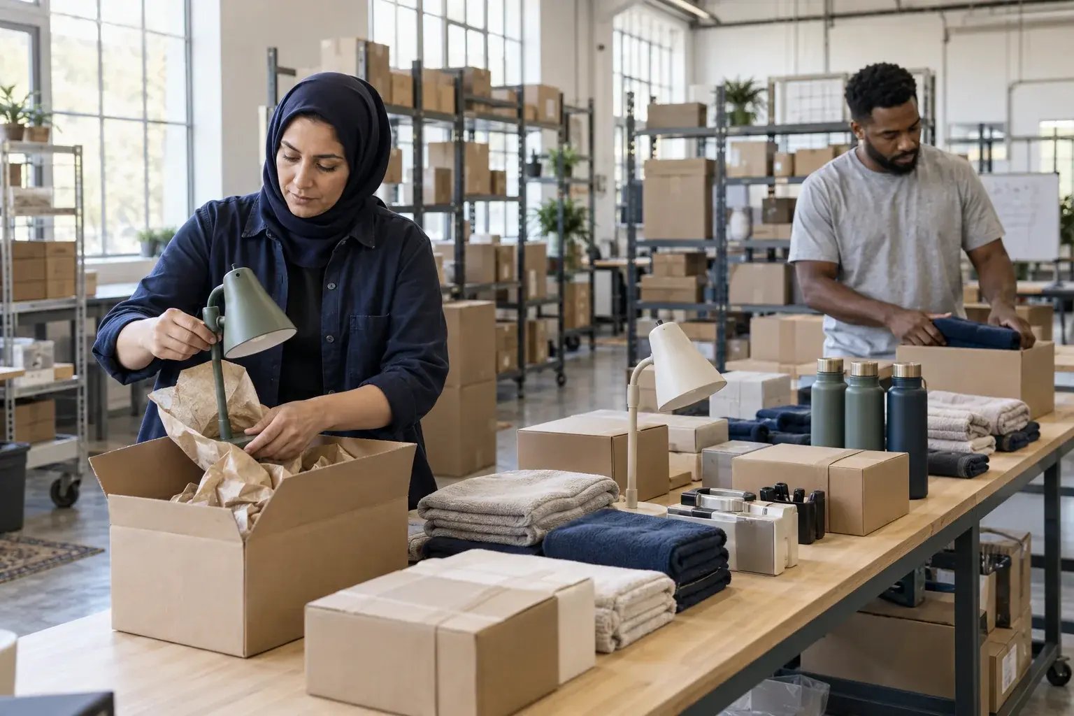 Retail team preparing varied product orders in a fulfillment room.
