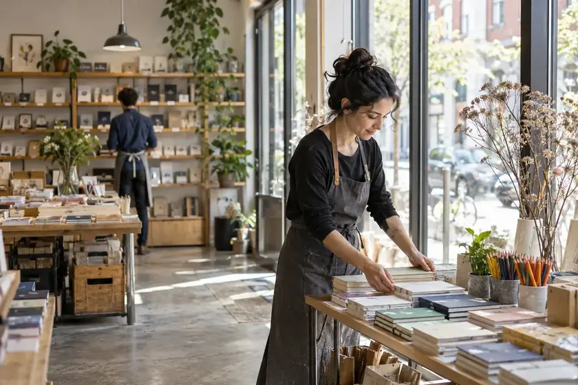 A stationery shop owner prepares a display at opening time.