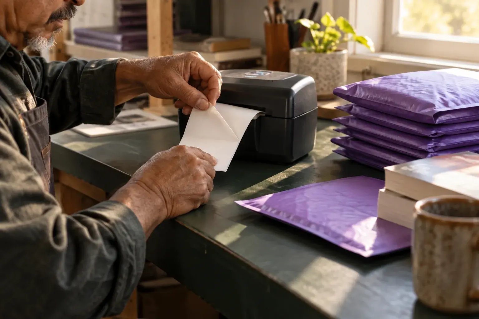 Un employé prépare des étiquettes près d'un groupe de pochettes matelassées pour livres.