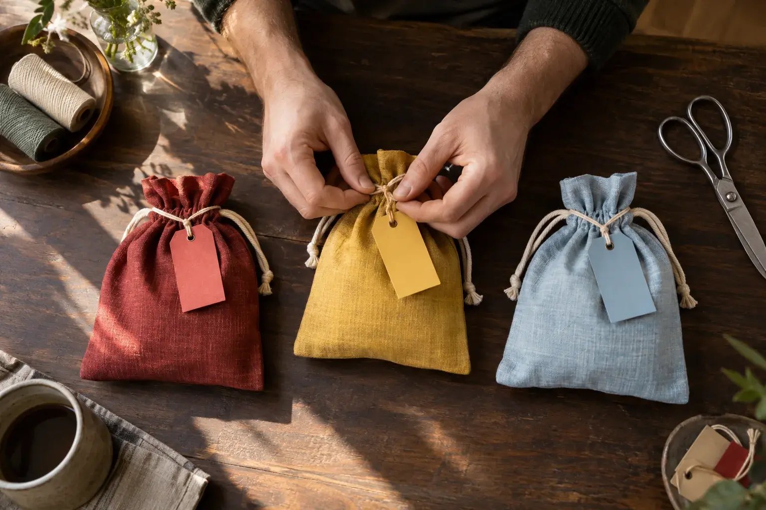 Des étiquettes de couleur regroupent des pochettes de commandes pour la préparation.