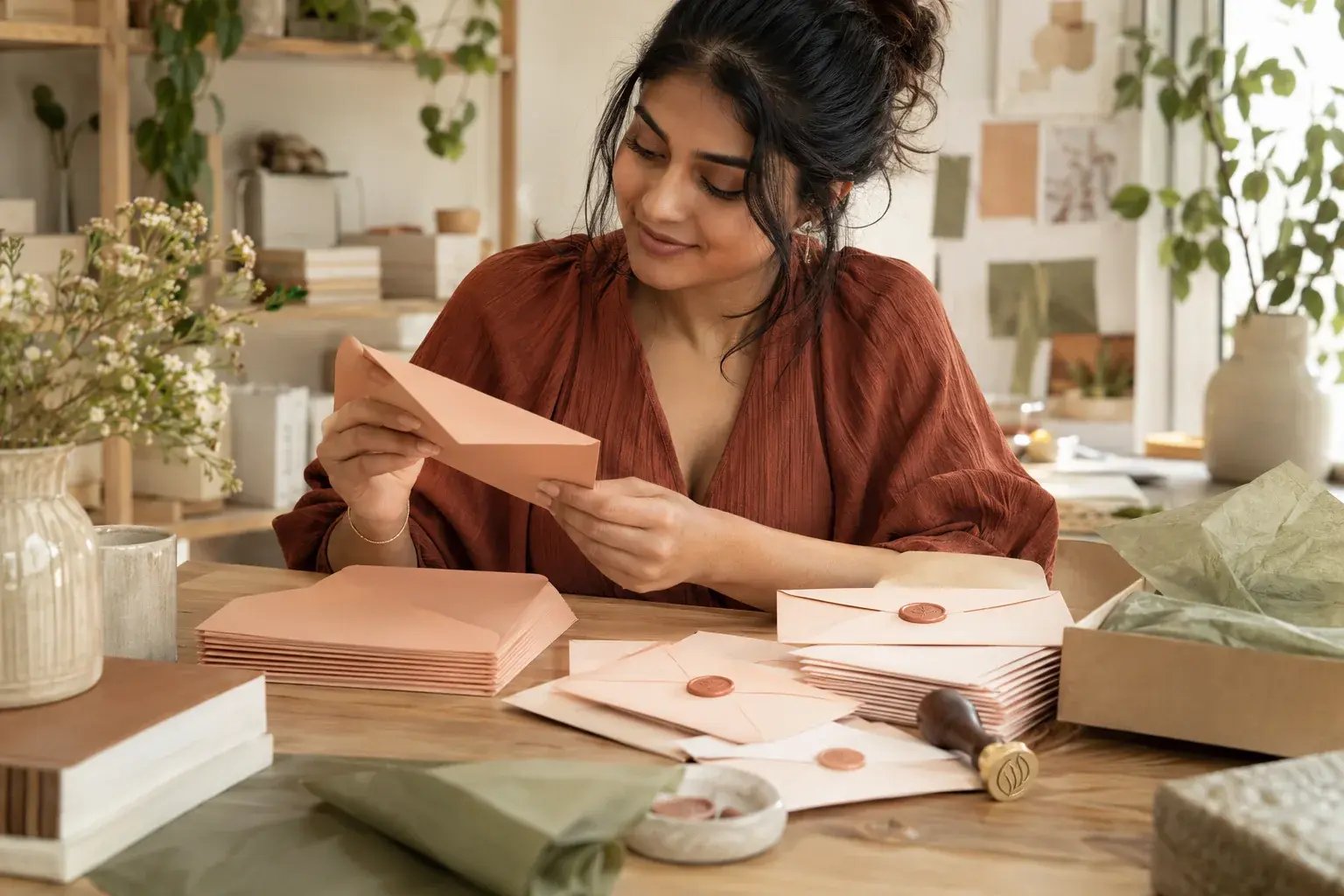 Une entrepreneure en papeterie examine des emballages coordonnés pour ses clients.