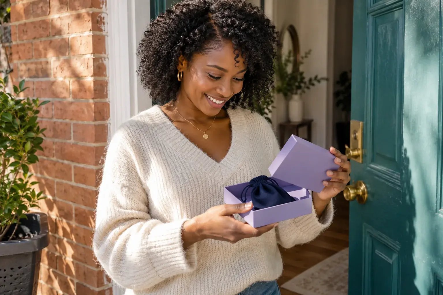 Une cliente ouvre un emballage cadeau coordonné à sa porte.