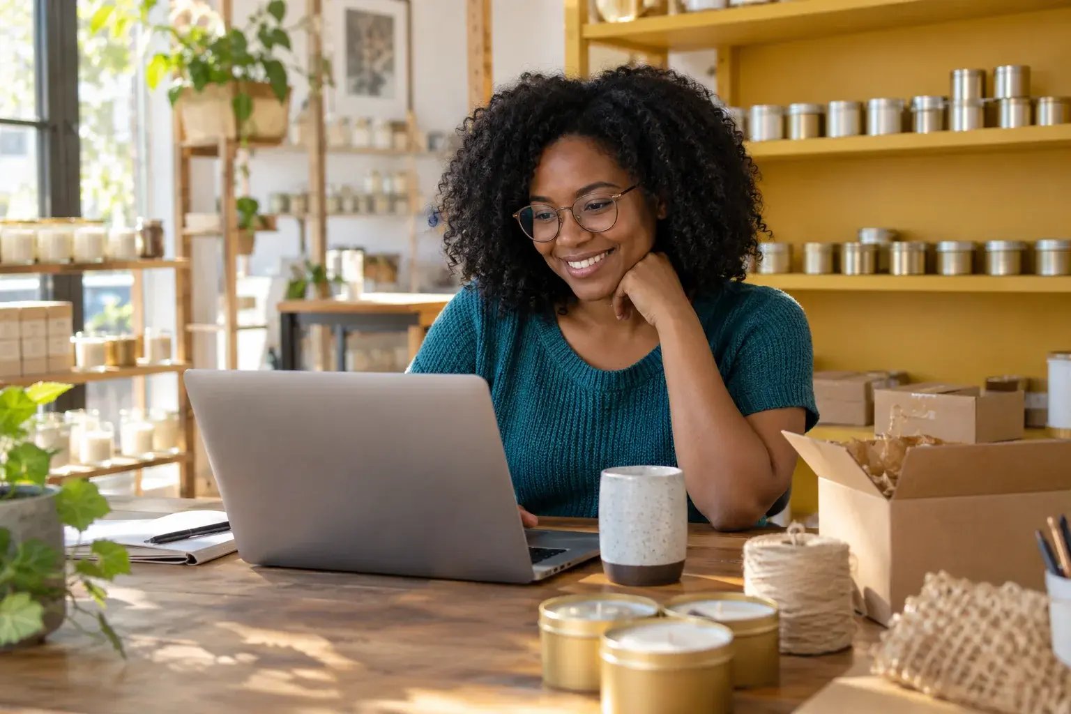 A candle business founder reviews shipping choices at her studio.