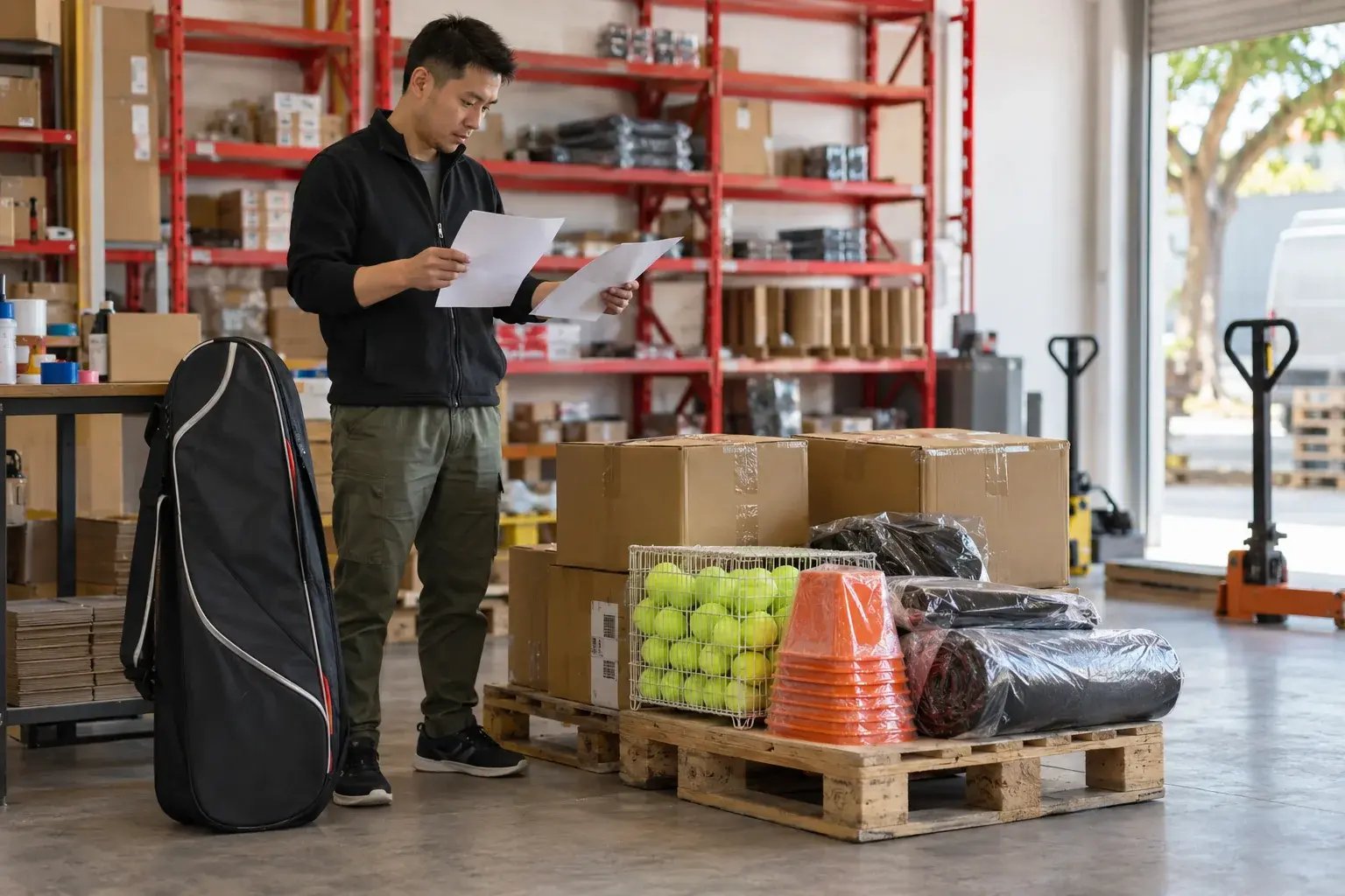 A sports-goods merchant compares shipment options for parcels and larger equipment.