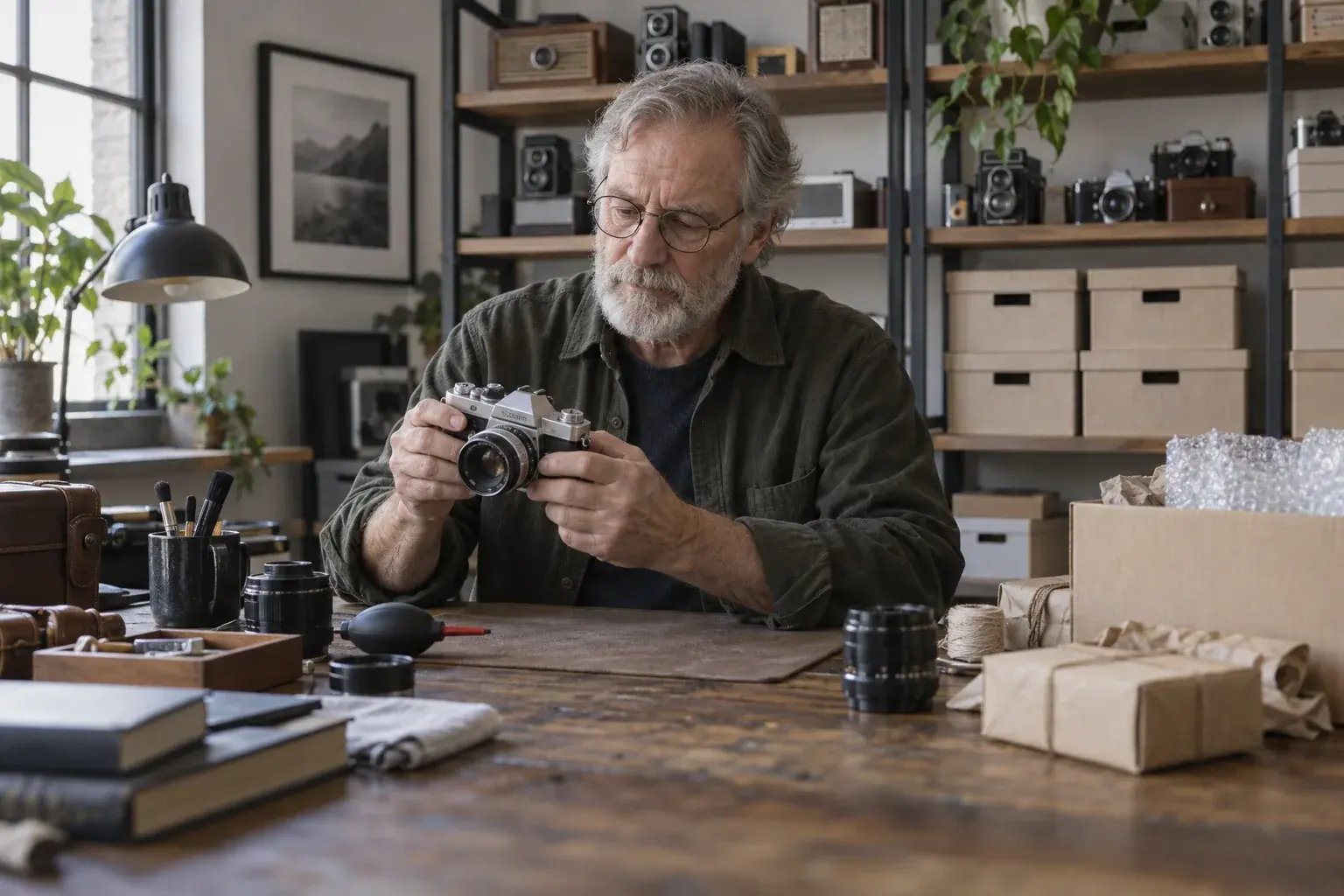 Vintage seller inspecting a film camera before dispatch.