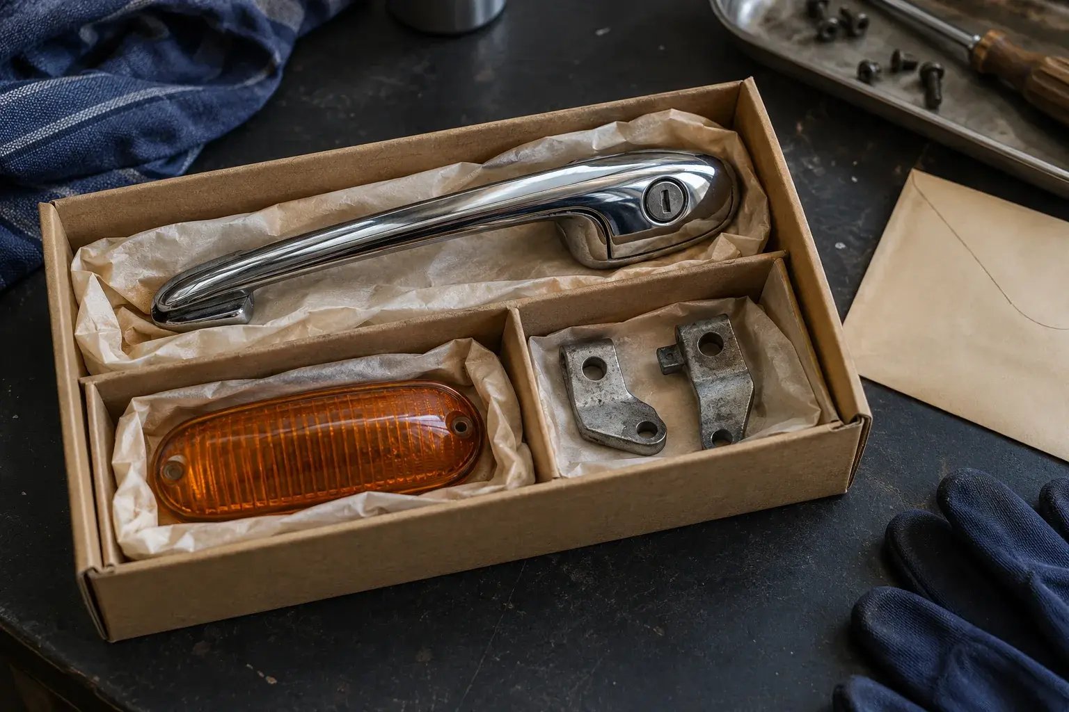 Vintage automotive components protected for shipment.