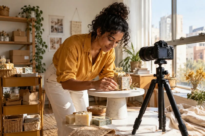Une nouvelle entrepreneure photographie des savons artisanaux.