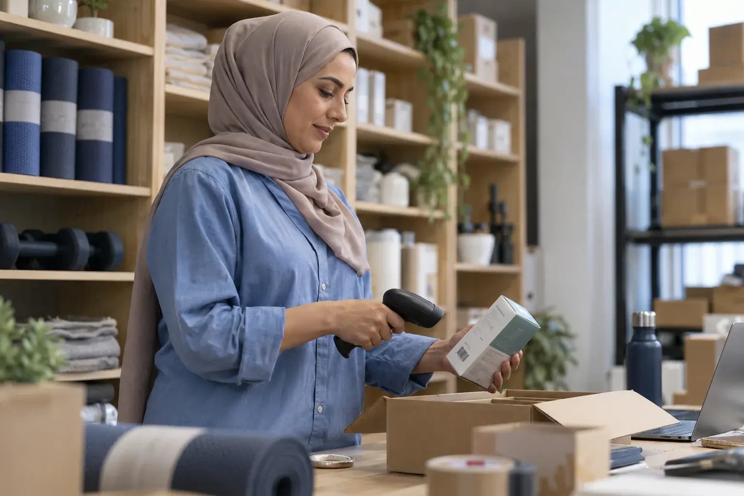 Une entrepreneure numérisant un produit au poste d’emballage. Produits : articles pour la maison et accessoires de conditionnement physique.