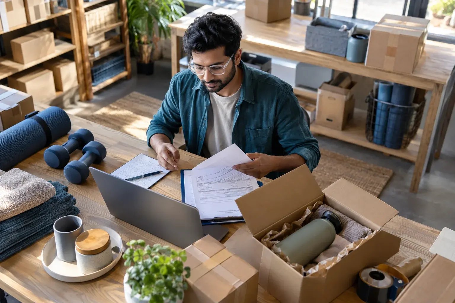 Un entrepreneur préparant les documents d’une commande internationale. Produits : articles pour la maison et accessoires de conditionnement physique.