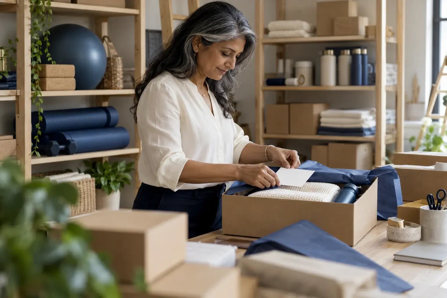 Une professionnelle soignant la présentation d’une commande et son emballage. Produits : articles pour la maison et accessoires de conditionnement physique.