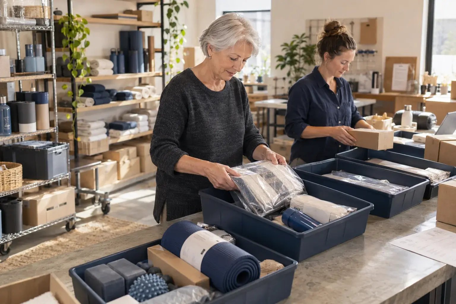 Une professionnelle organisant un lot de commandes avec un collègue. Produits : articles pour la maison et accessoires de conditionnement physique.