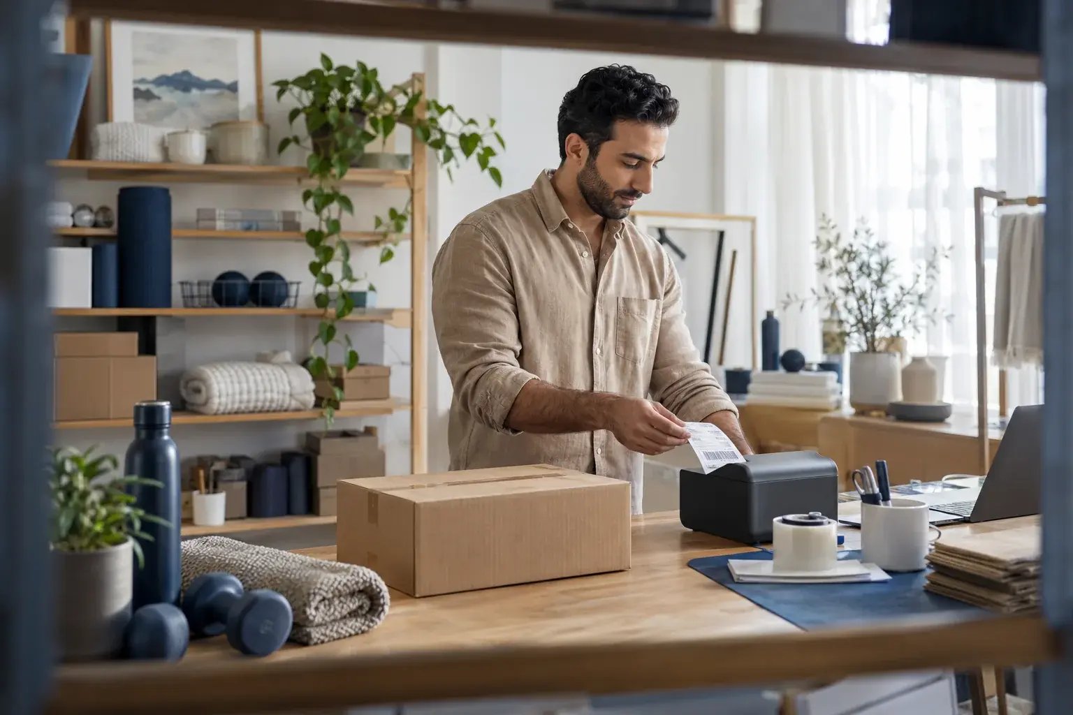 Un entrepreneur récupérant une étiquette d’expédition près d’un colis prêt. Produits : articles pour la maison et accessoires de conditionnement physique.
