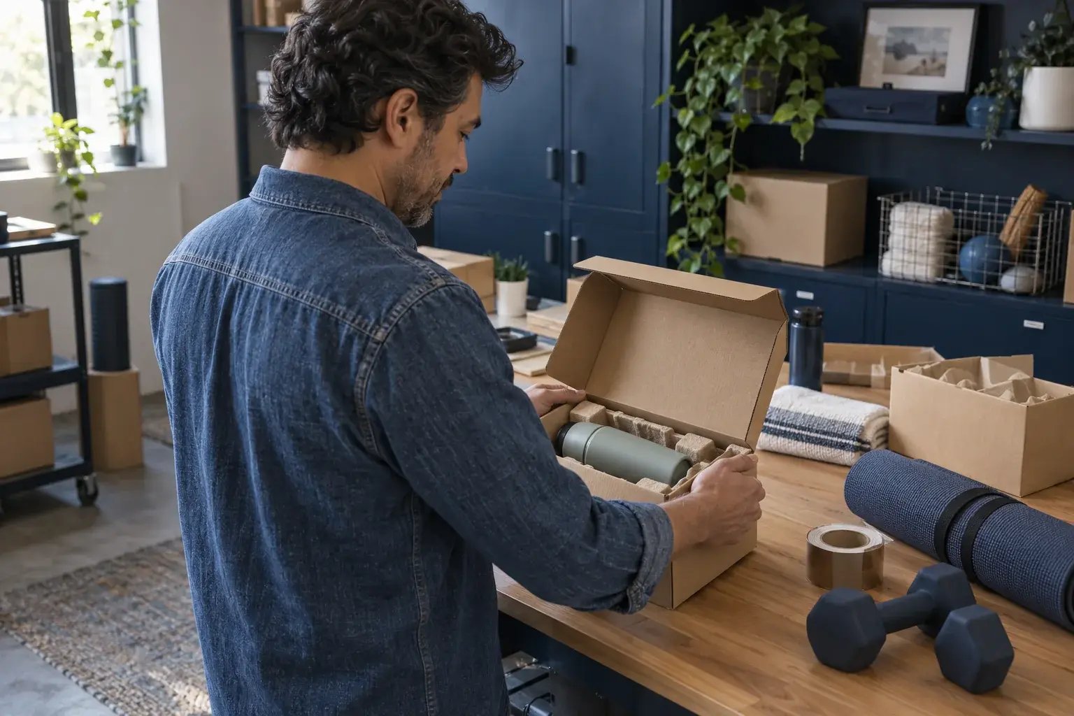 Un professionnel choisissant une boîte adaptée à un produit. Produits : articles pour la maison et accessoires de conditionnement physique.