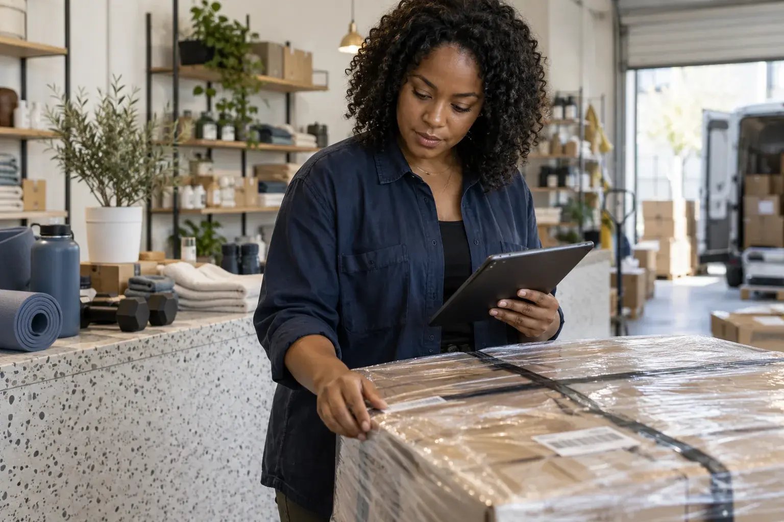Une entrepreneure vérifiant une commande sur palette à l’aide d’une tablette. Produits : articles pour la maison et accessoires de conditionnement physique.