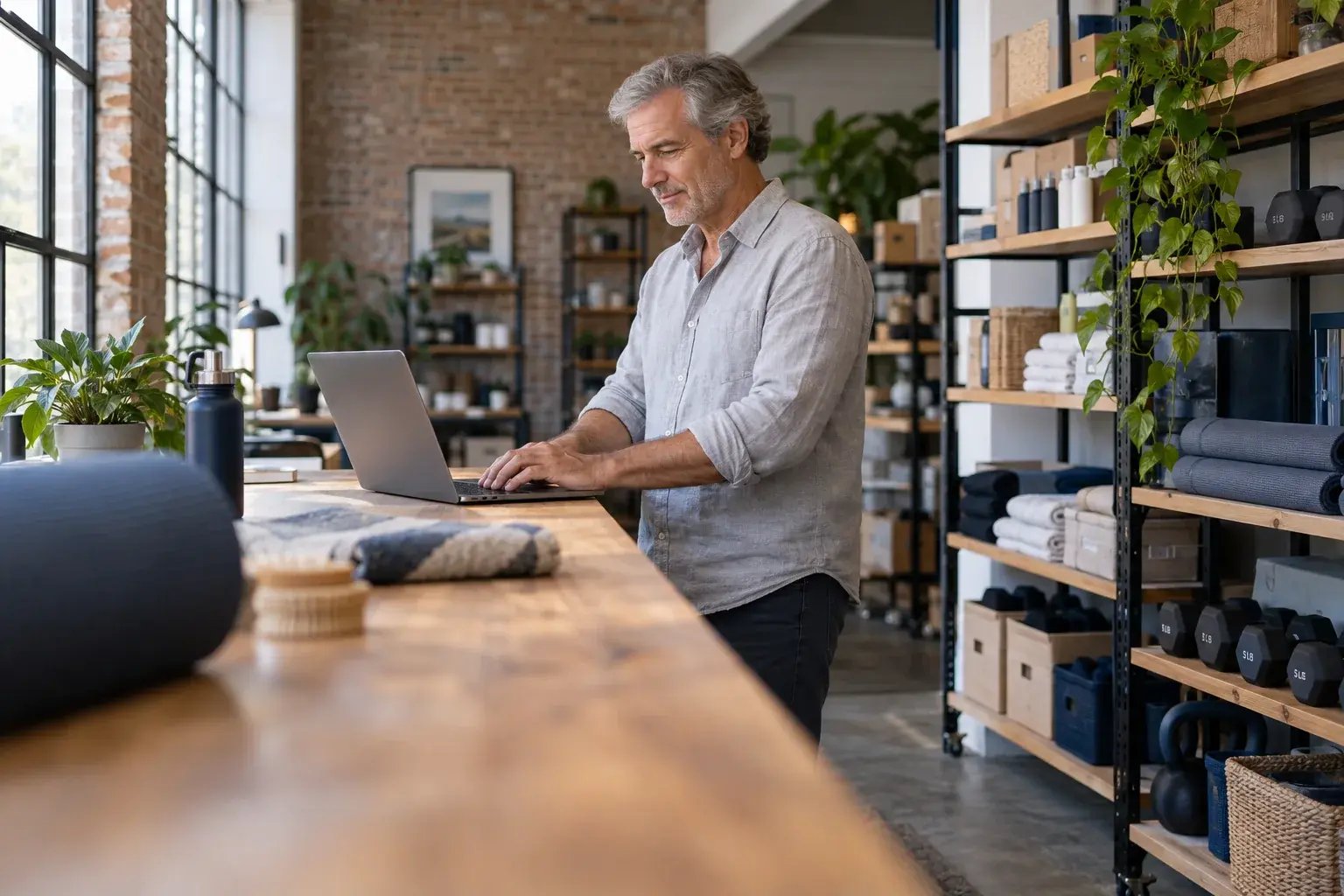 Un professionnel organisant les commandes récurrentes près des étagères de produits. Produits : articles pour la maison et accessoires de conditionnement physique.