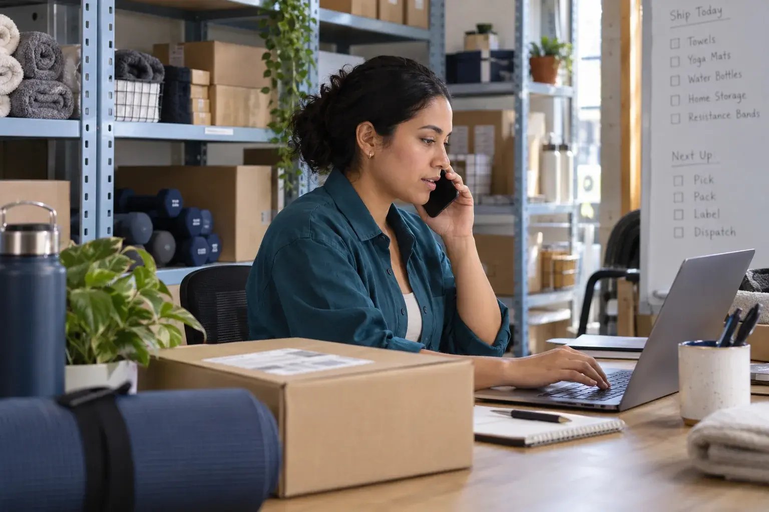 Une entrepreneure répondant à une question sur la livraison au bureau. Produits : articles pour la maison et accessoires de conditionnement physique.