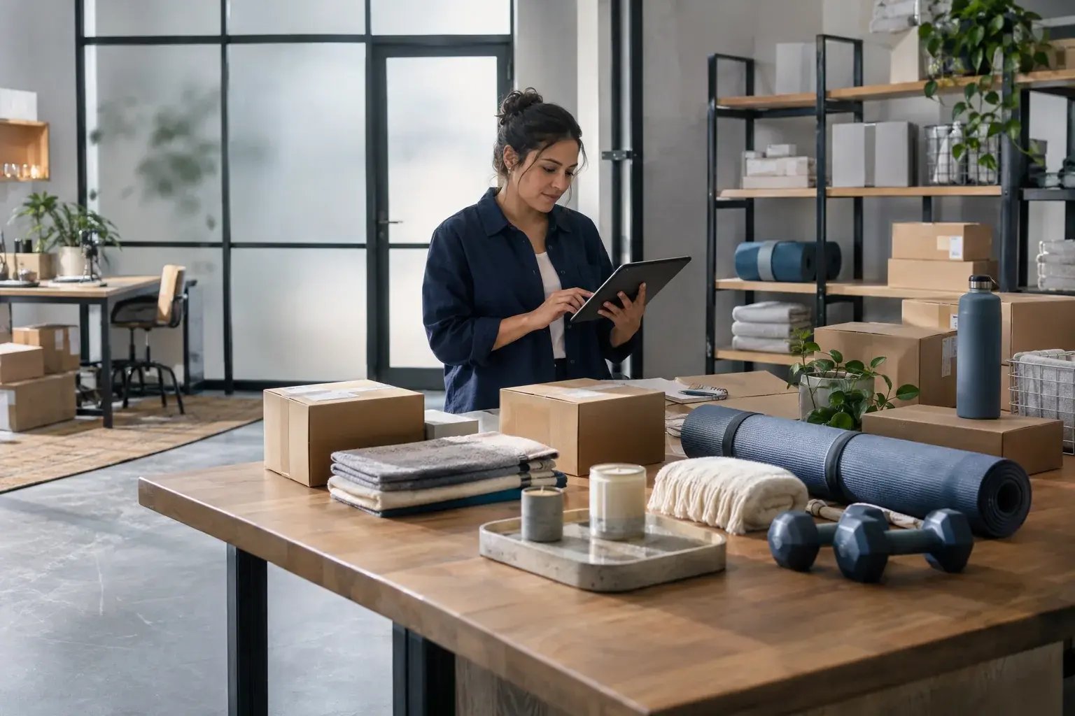 Une entrepreneure consultant les commandes en ligne sur une tablette. Produits : articles pour la maison et accessoires de conditionnement physique.