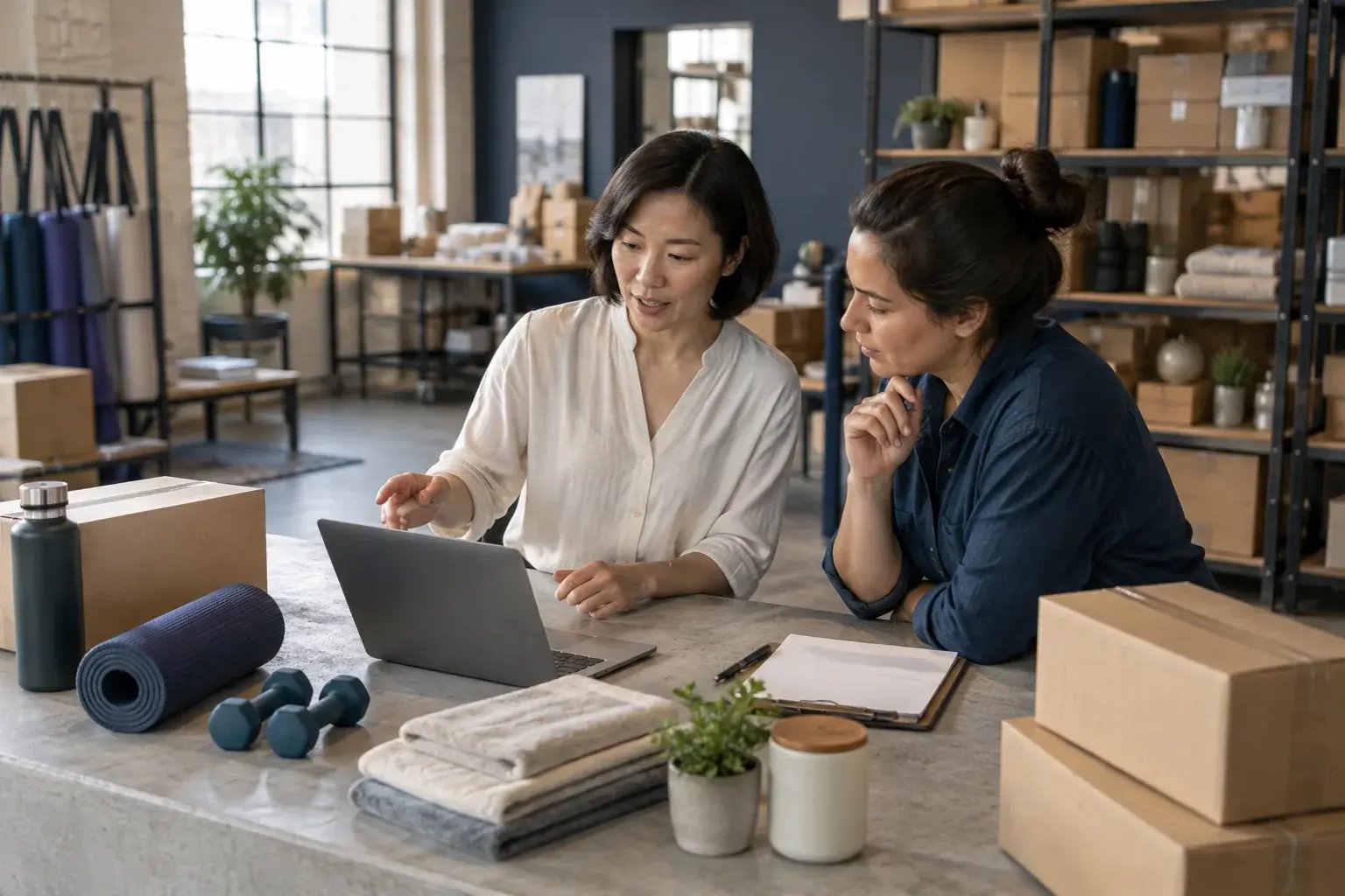 Une professionnelle comparant les options de livraison avec un collègue. Produits : articles pour la maison et accessoires de conditionnement physique.