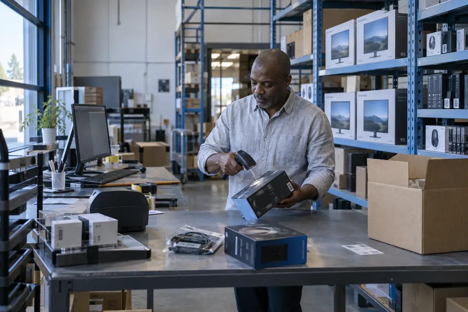 Un professionnel numérisant un produit au poste d’emballage. Produits : écrans d’ordinateur et accessoires électroniques.