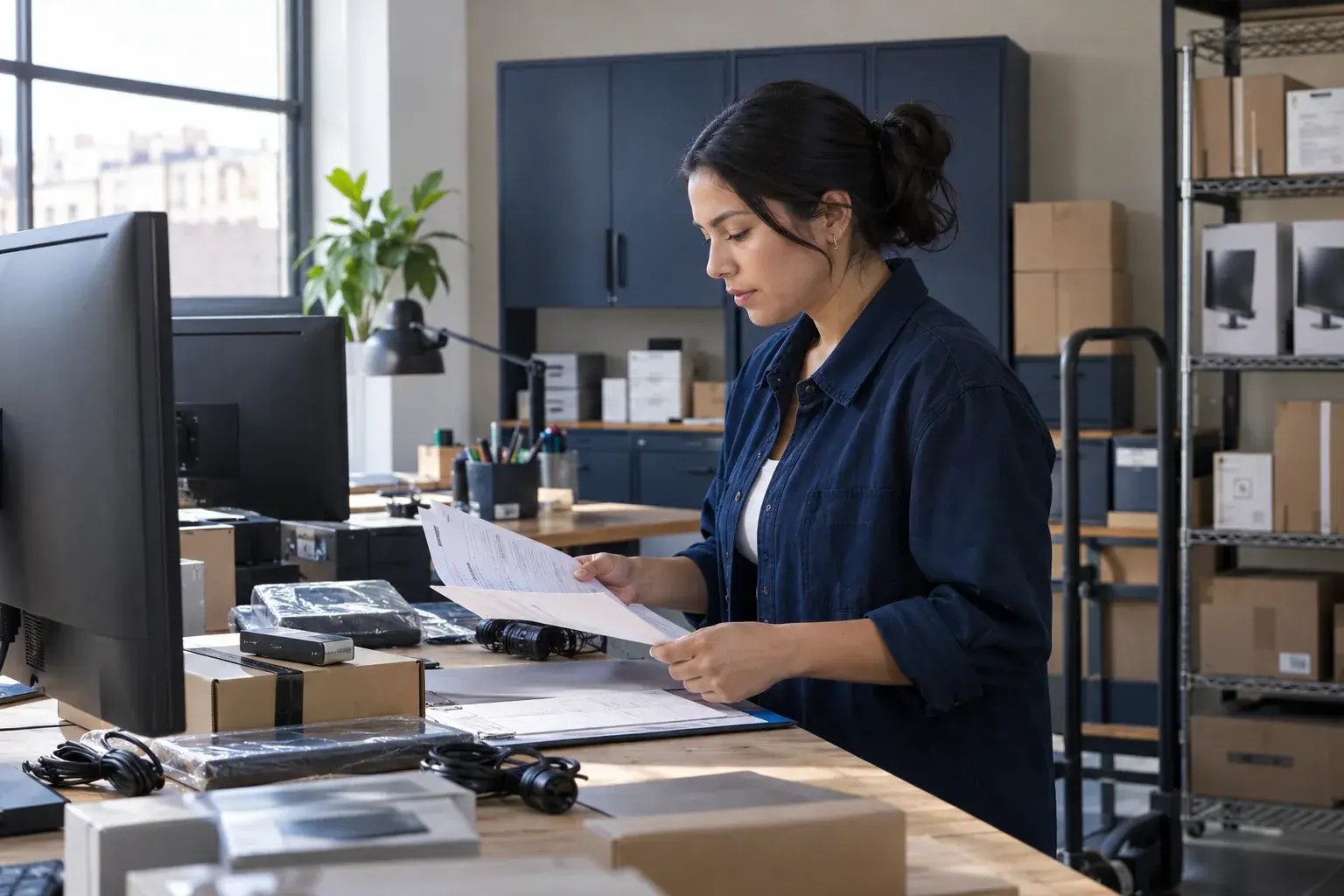 Une entrepreneure préparant les documents d’une commande internationale. Produits : écrans d’ordinateur et accessoires électroniques.