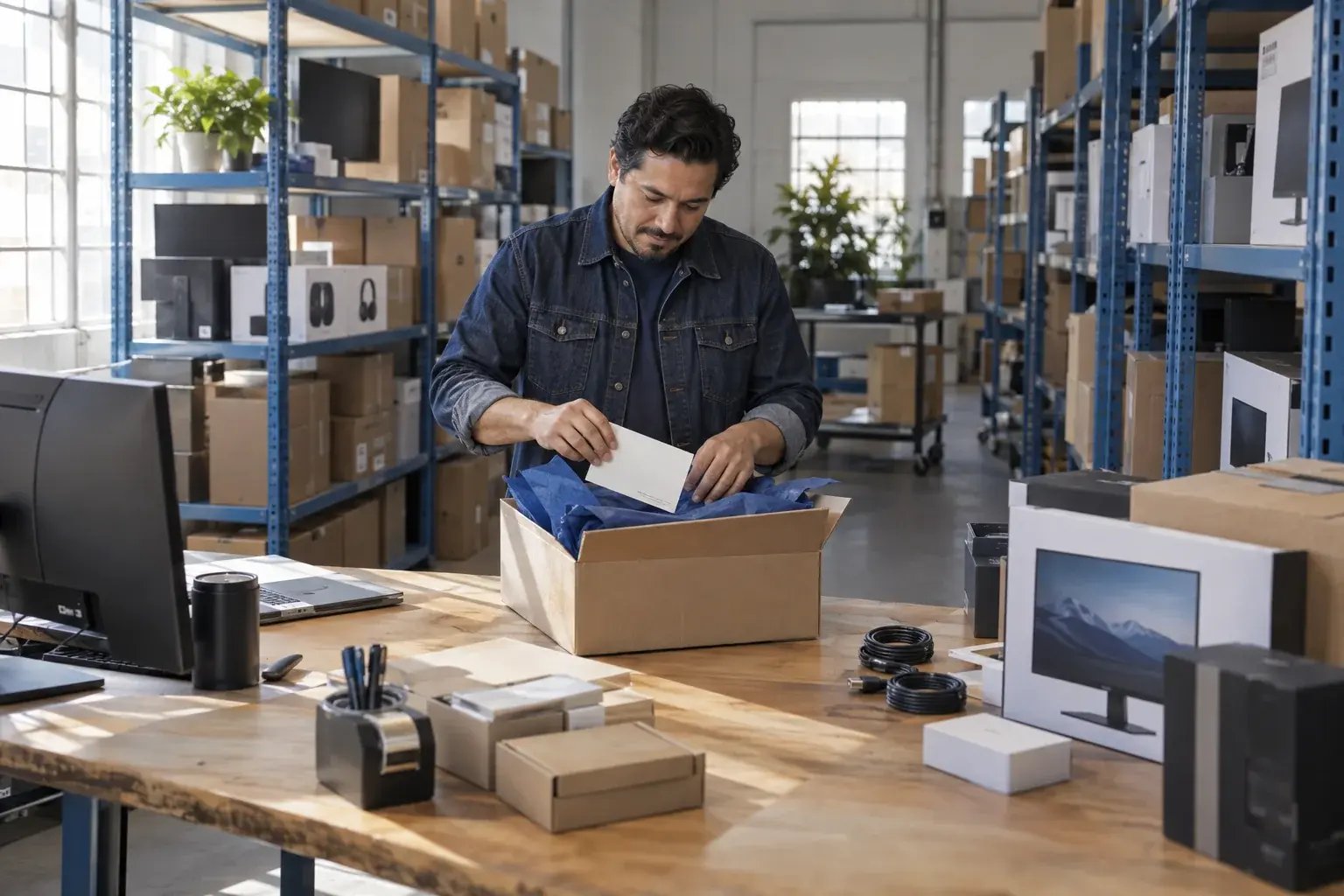 Un professionnel soignant la présentation d’une commande et son emballage. Produits : écrans d’ordinateur et accessoires électroniques.