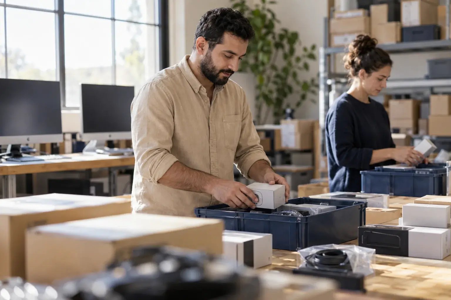 Un entrepreneur organisant un lot de commandes avec un collègue. Produits : écrans d’ordinateur et accessoires électroniques.
