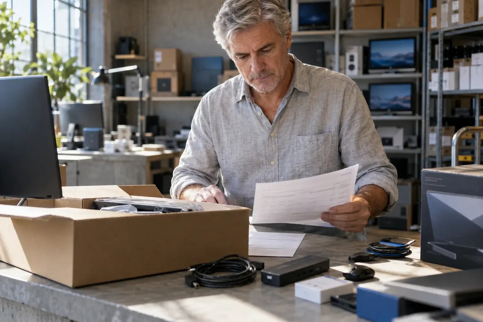 Un professionnel vérifiant les documents d’un envoi transfrontalier. Produits : écrans d’ordinateur et accessoires électroniques.