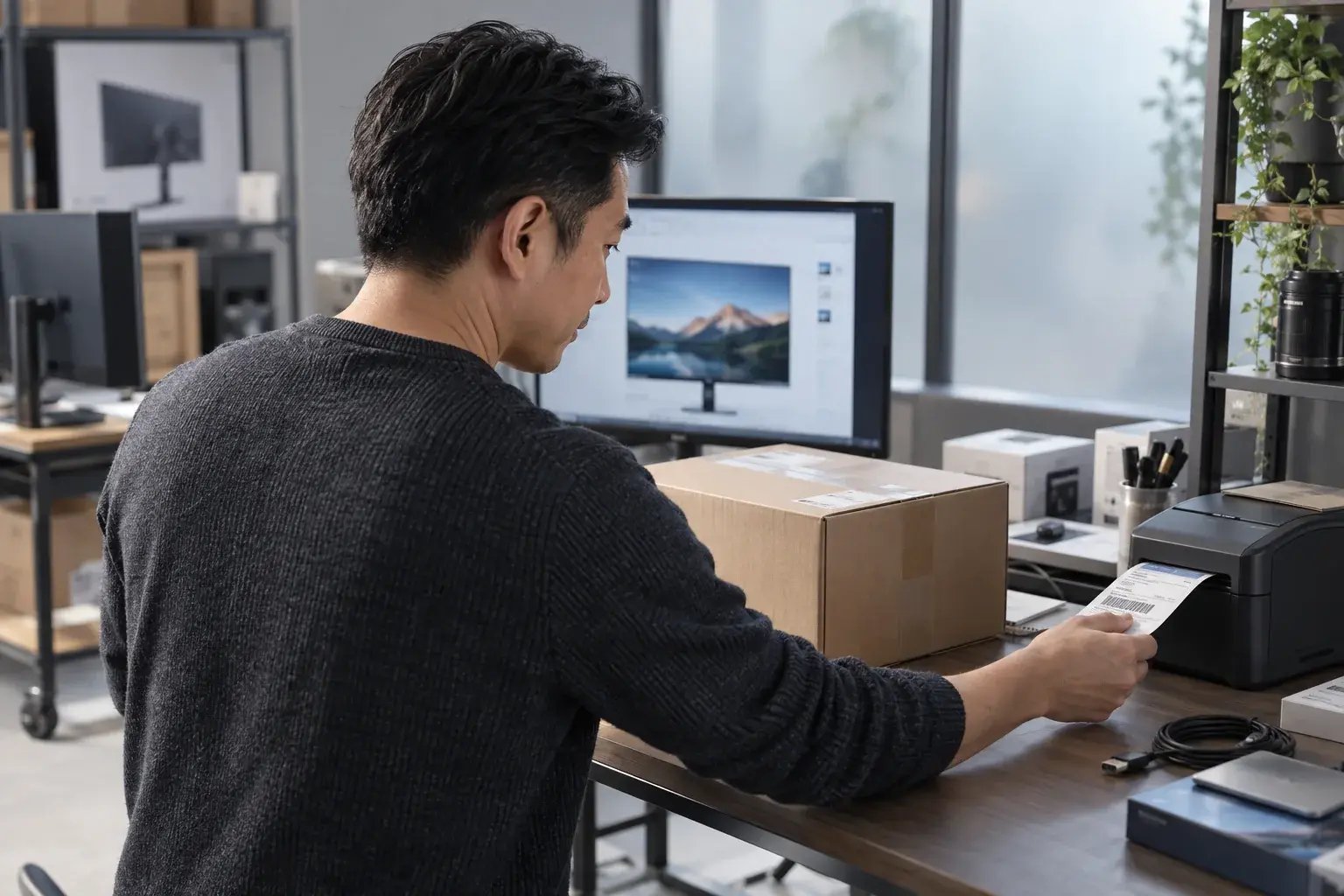 Un entrepreneur récupérant une étiquette d’expédition près d’un colis prêt. Produits : écrans d’ordinateur et accessoires électroniques.