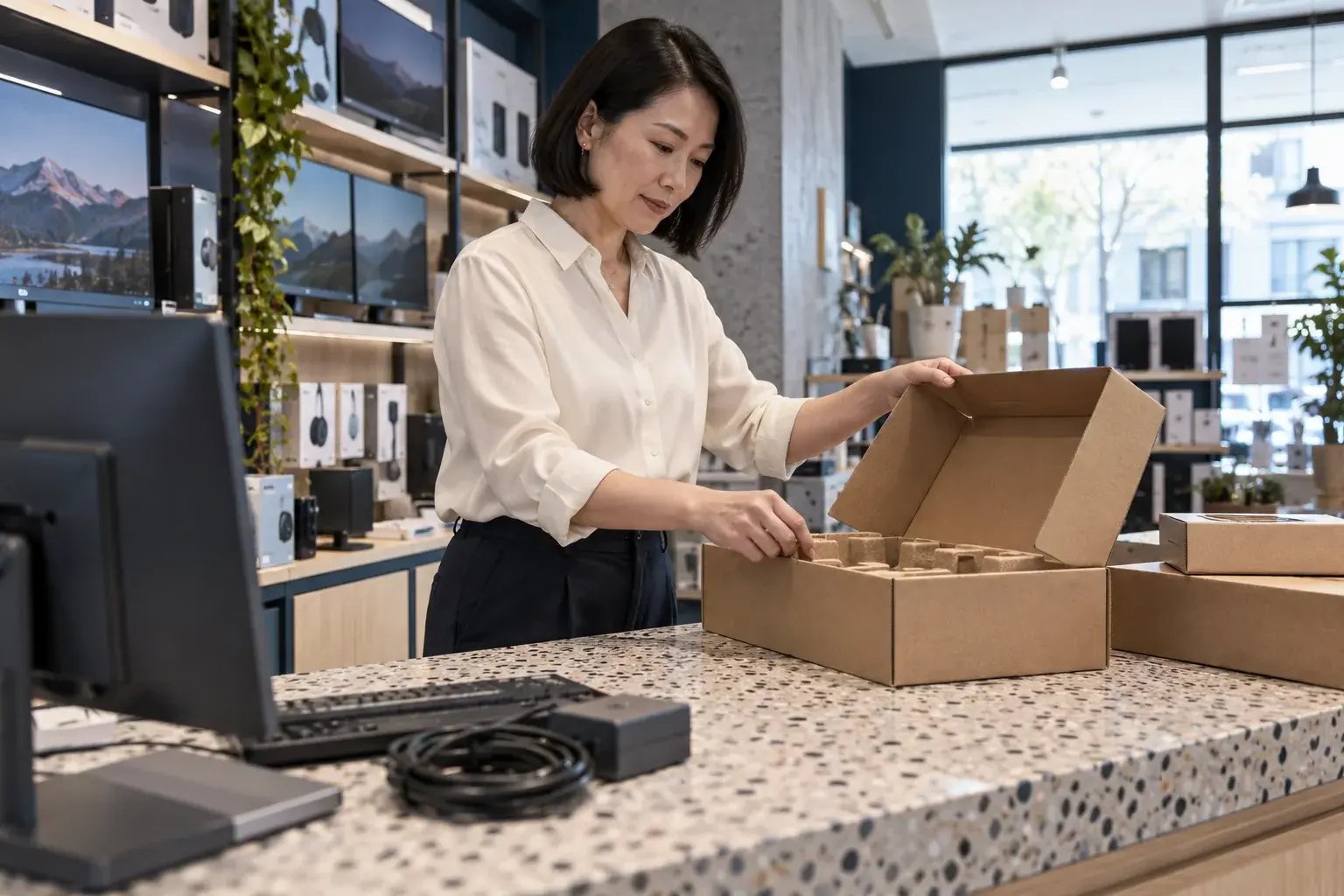 Une professionnelle choisissant une boîte adaptée à un produit. Produits : écrans d’ordinateur et accessoires électroniques.