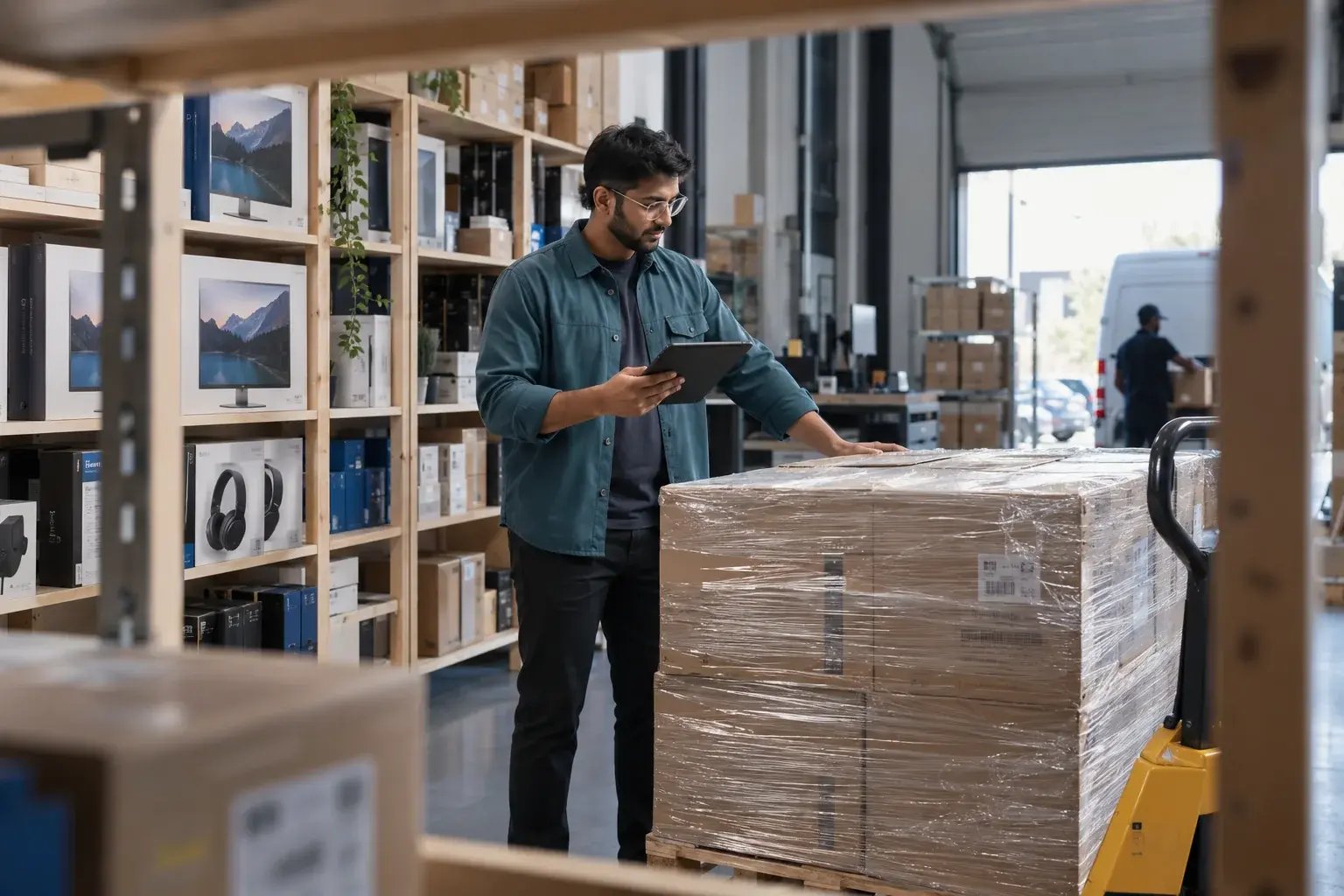 Un entrepreneur vérifiant une commande sur palette à l’aide d’une tablette. Produits : écrans d’ordinateur et accessoires électroniques.