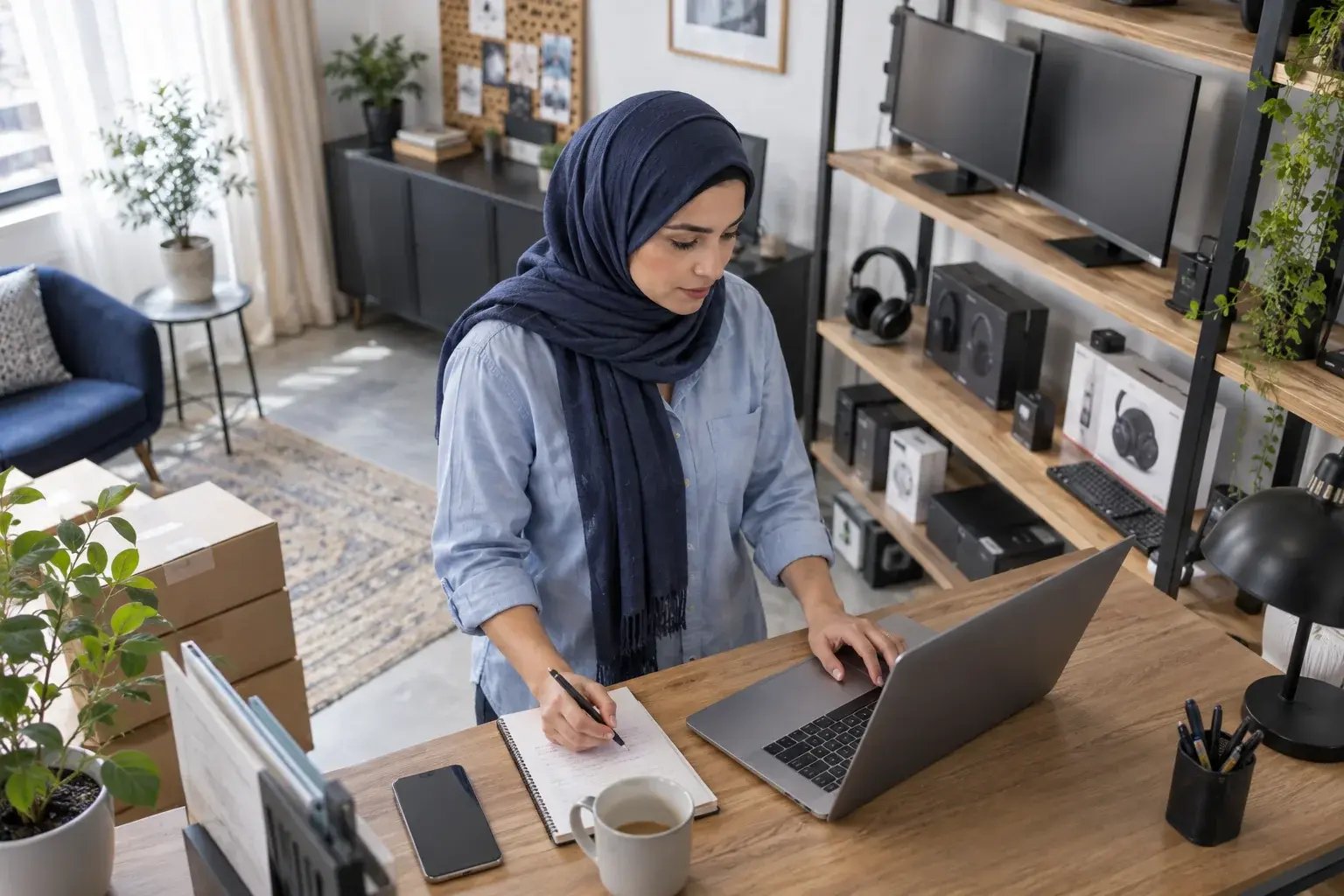Une entrepreneure organisant les commandes récurrentes près des étagères de produits. Produits : écrans d’ordinateur et accessoires électroniques.