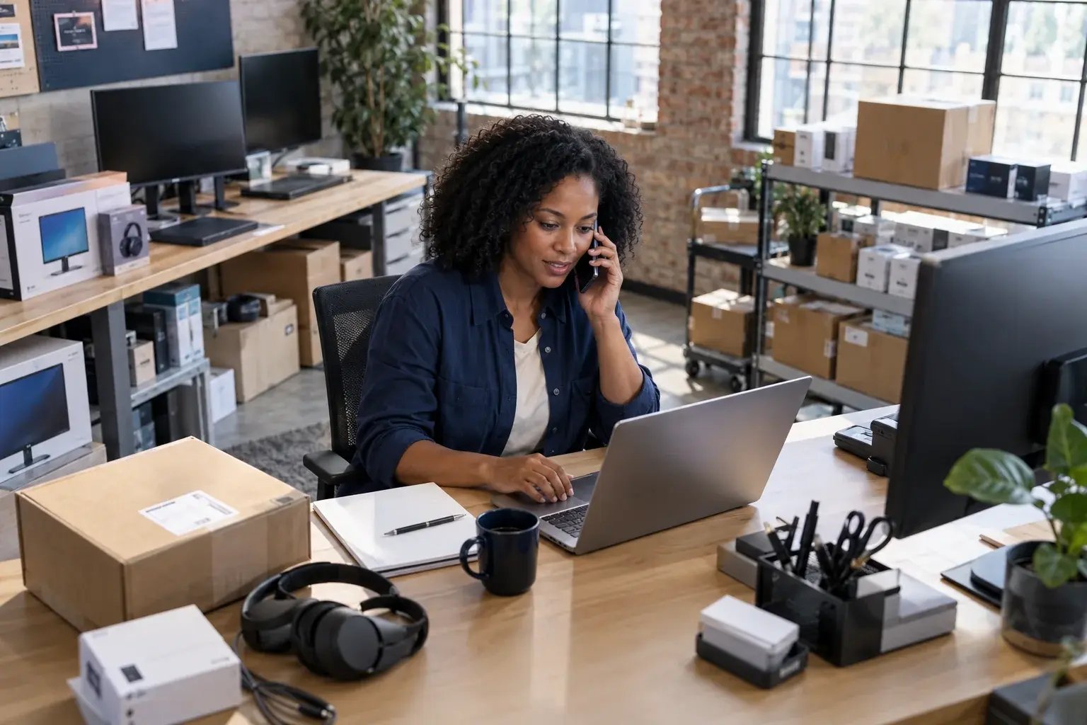 Une entrepreneure répondant à une question sur la livraison au bureau. Produits : écrans d’ordinateur et accessoires électroniques.