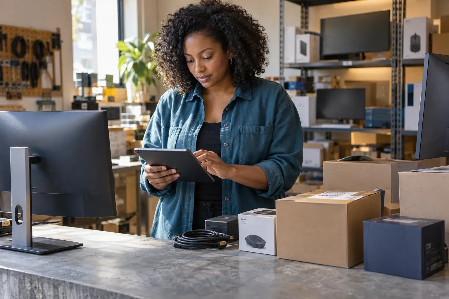 Une entrepreneure consultant les commandes en ligne sur une tablette. Produits : écrans d’ordinateur et accessoires électroniques.