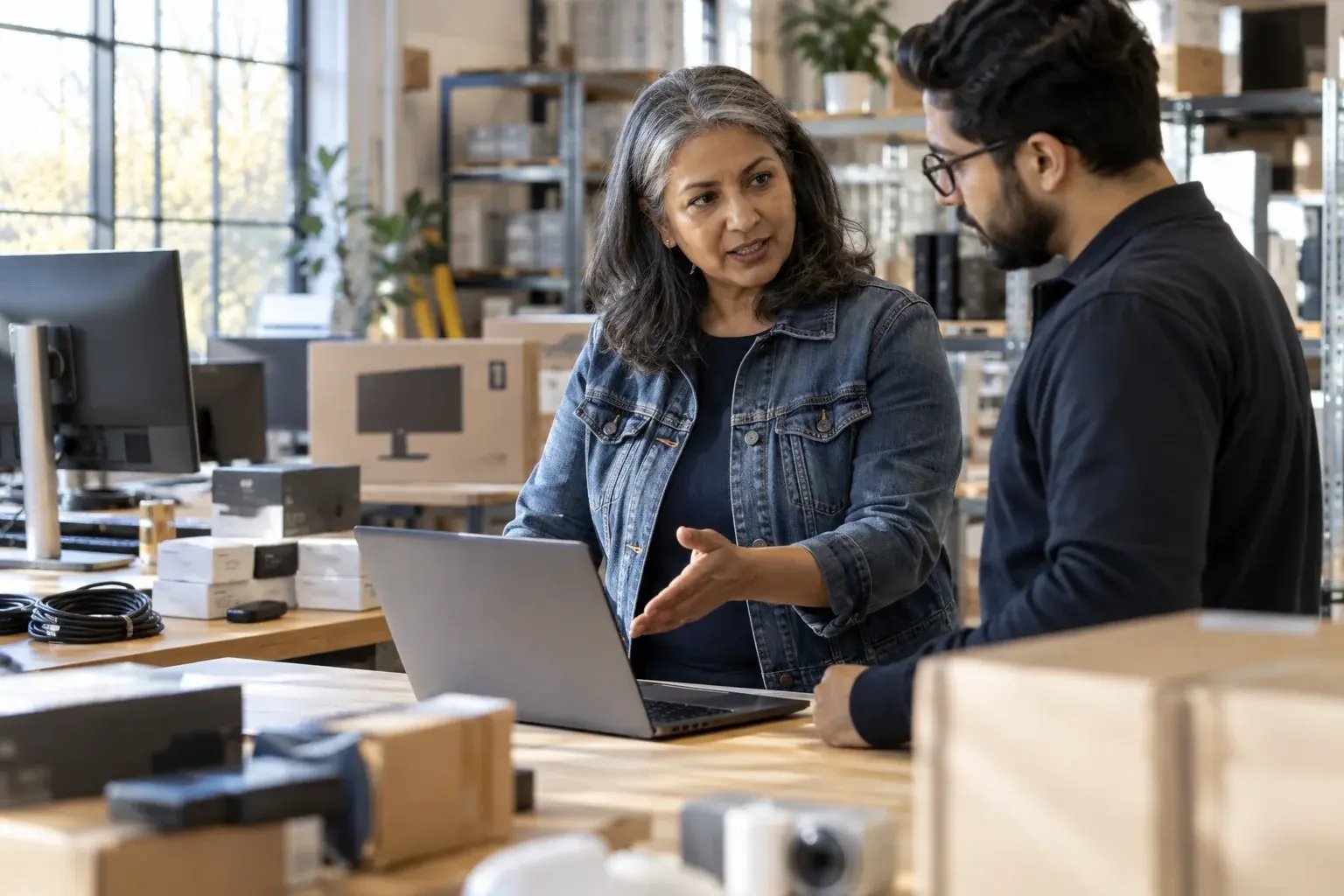 Une professionnelle comparant les options de livraison avec un collègue. Produits : écrans d’ordinateur et accessoires électroniques.