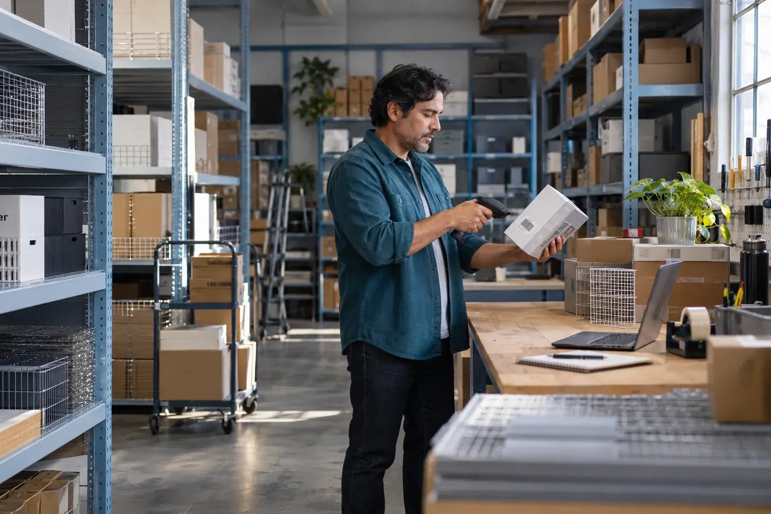 A business professional scanning a product barcode at an efficient packing bench, scanner aimed at a real product, working with modular shelving and modern storage products.