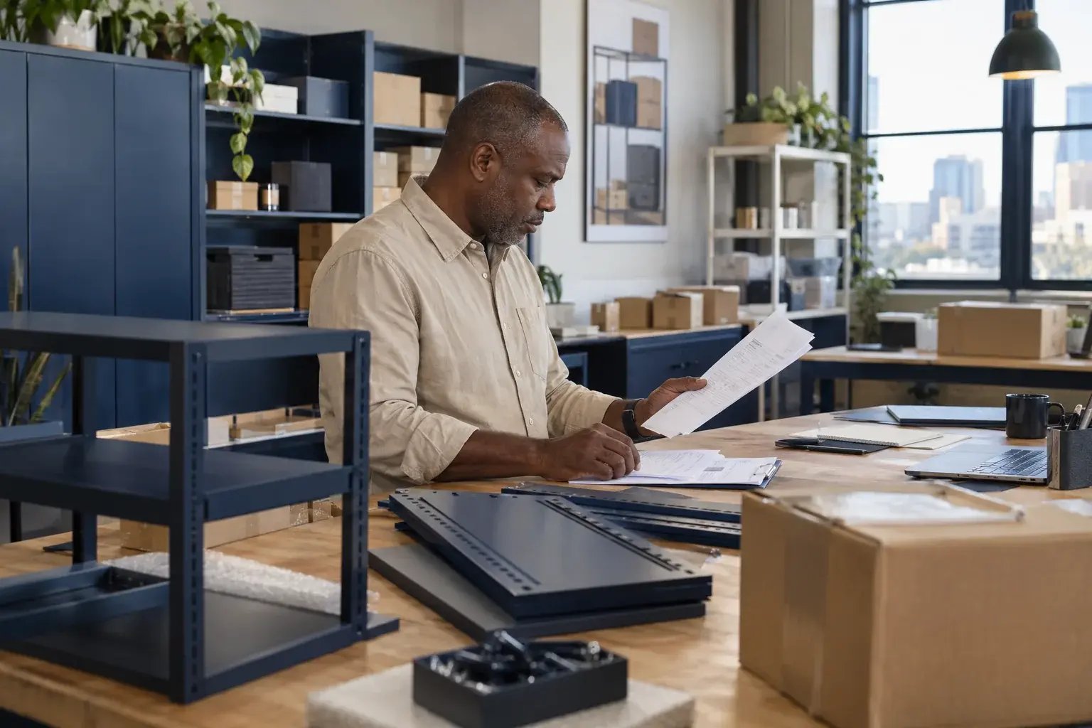 A business professional reviewing export paperwork beside securely packed products in an airy dispatch office, working with modular shelving and modern storage products.