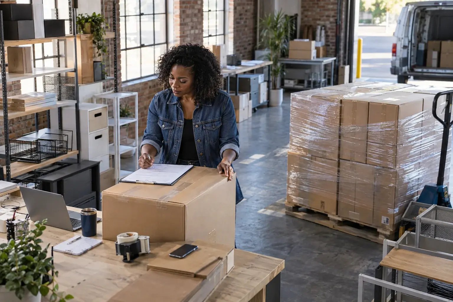 A business professional coordinating a large boxed order beside a securely wrapped pallet in a bright small-business loading area, working with modular shelving and modern storage products.