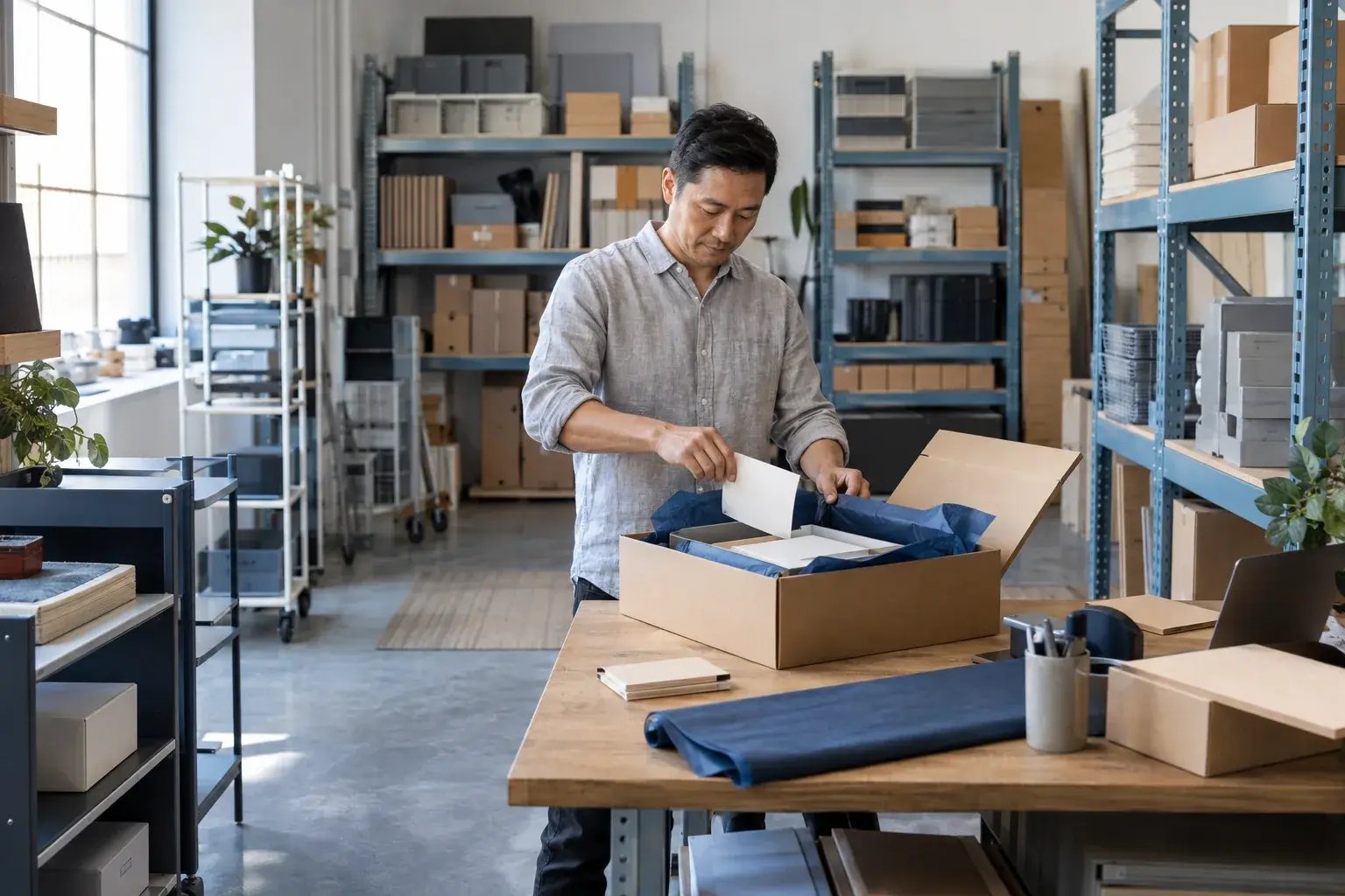 A business professional adding a plain elegant thank-you card and tissue wrap to a beautifully presented product order, working with modular shelving and modern storage products.