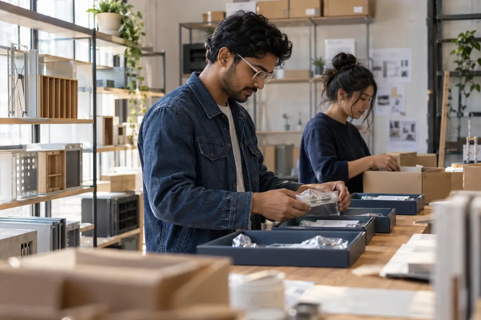 A business professional sorting a batch of individually packed orders into orderly dispatch trays with a coworker, working with modular shelving and modern storage products.
