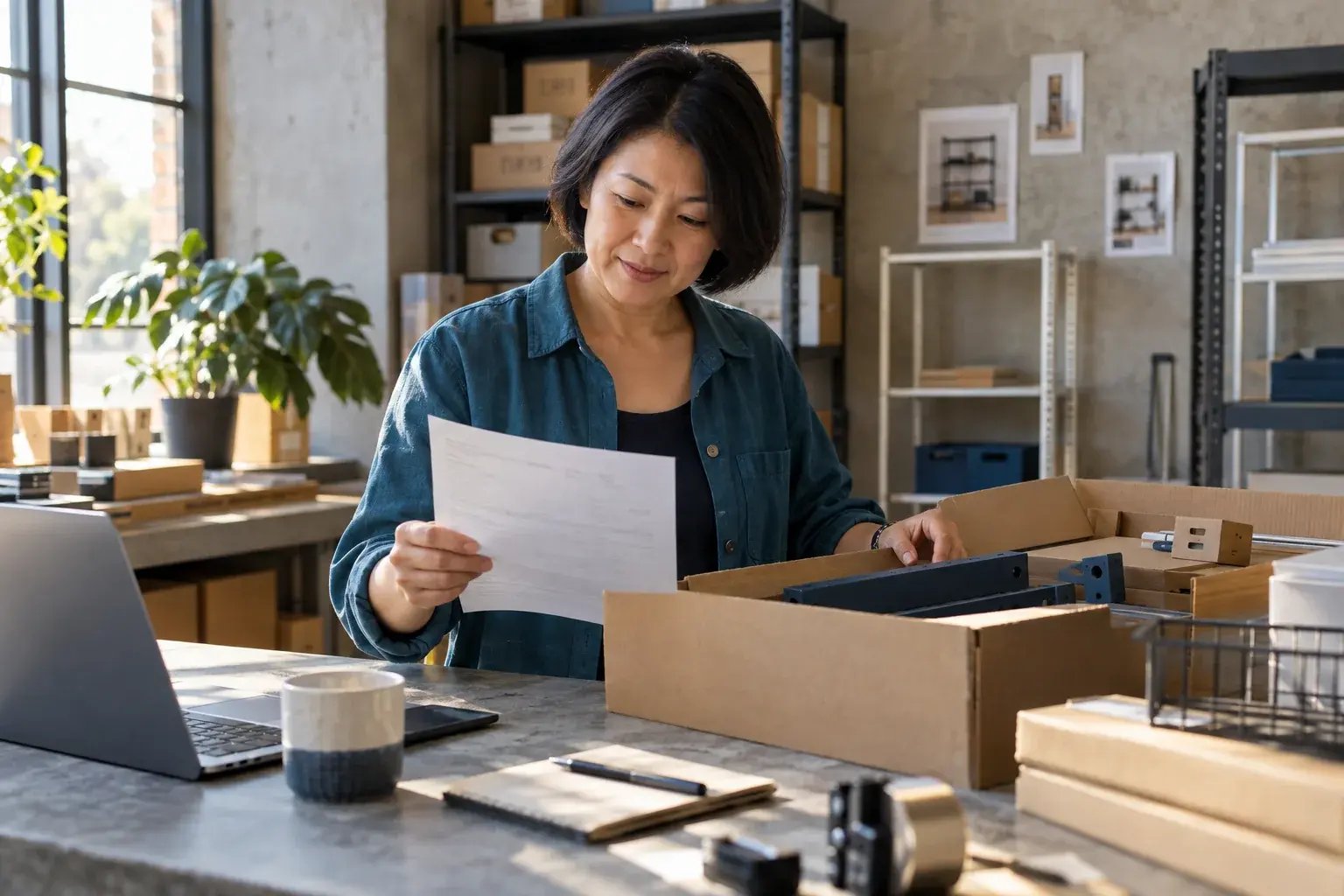 A business professional checking a commercial invoice beside an open product carton at a sunlit desk, working with modular shelving and modern storage products.