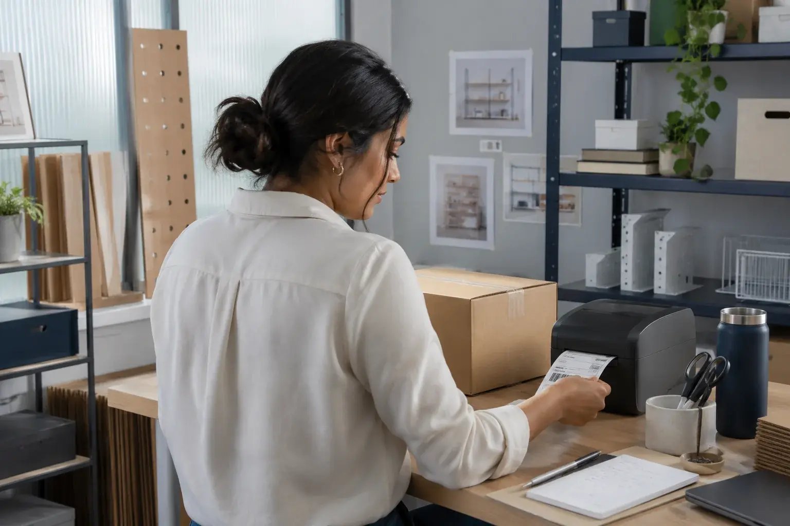 A business professional collecting a shipping label from a desktop thermal printer beside a finished parcel, working with modular shelving and modern storage products.