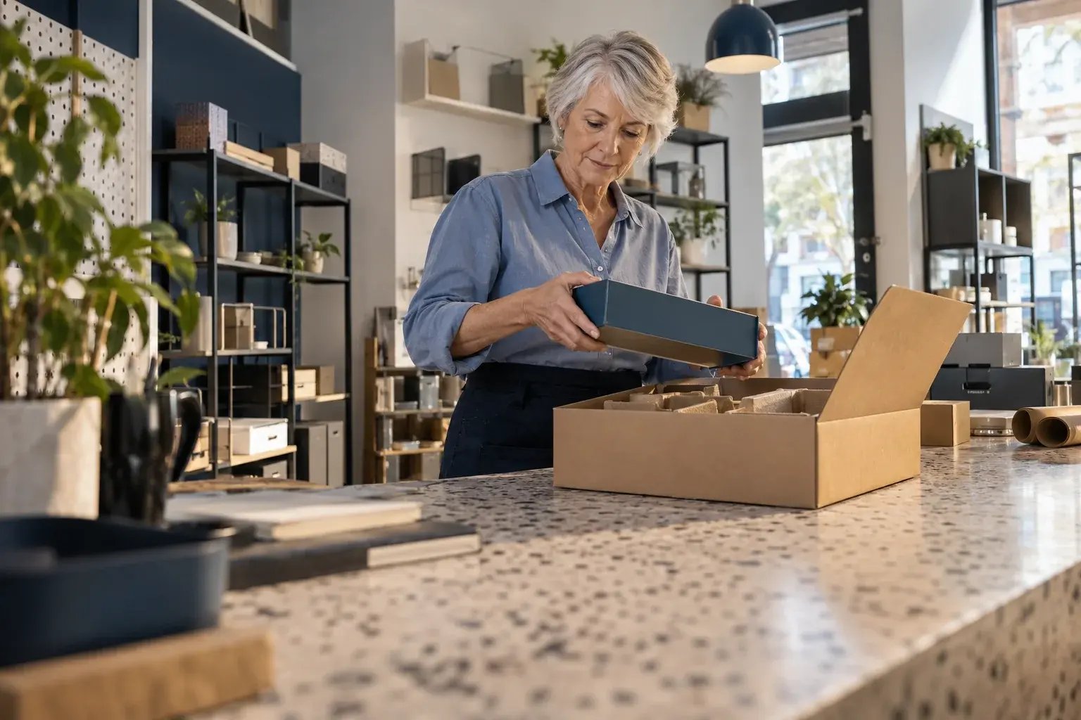 A business professional choosing a well-fitting recyclable carton for a product, kraft inserts visible, working with modular shelving and modern storage products.