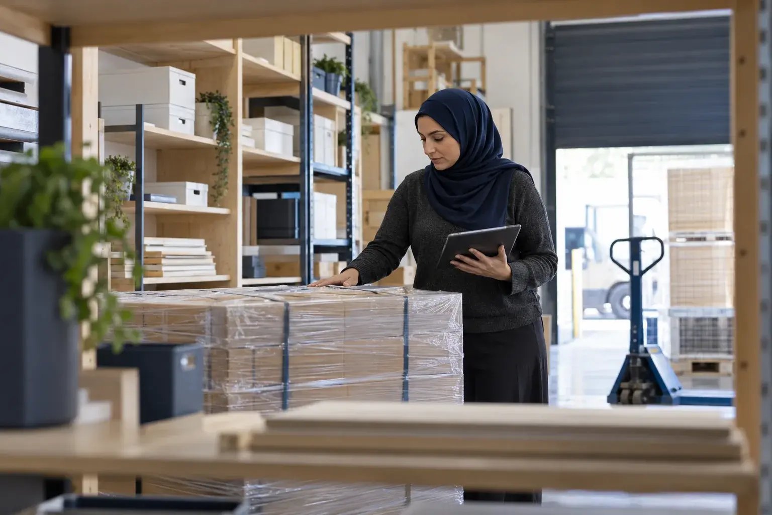 A business professional checking a securely wrapped pallet order with a tablet in an orderly commercial dispatch bay, working with modular shelving and modern storage products.